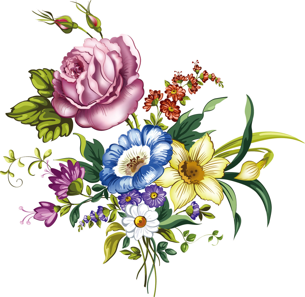画像サンプル-色々な花の束・手書き風