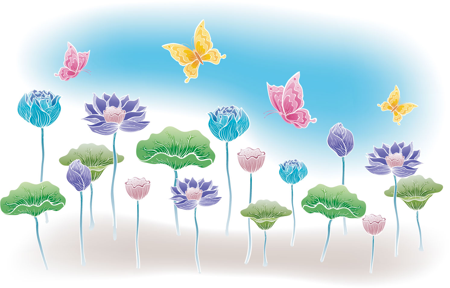 画像サンプル-群生する蓮と蝶々