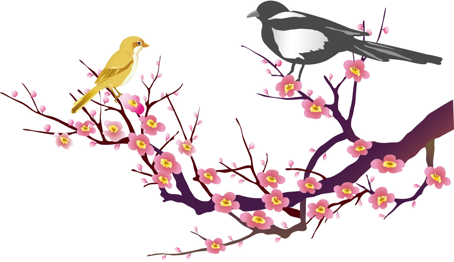 うめ 梅 のイラスト 画像no 023 ウメの花とウグイス 無料のフリー素材集 百花繚乱