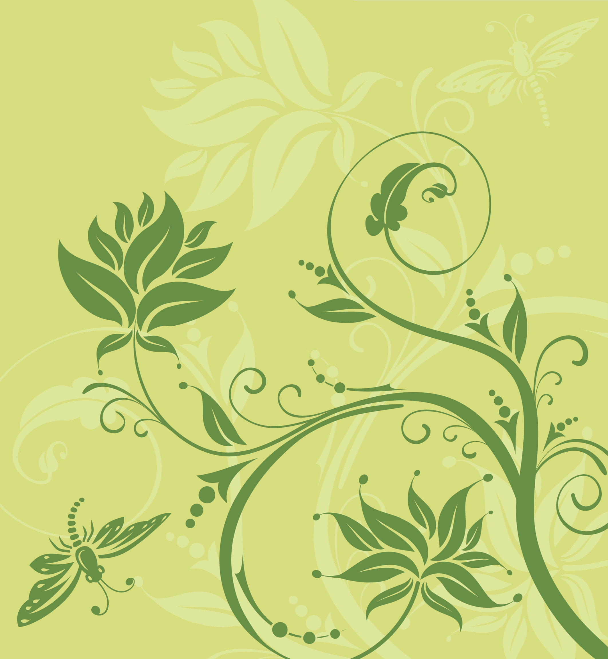 葉っぱや草木のイラスト 壁紙 背景no 098 黄緑 茎蔓 トンボ