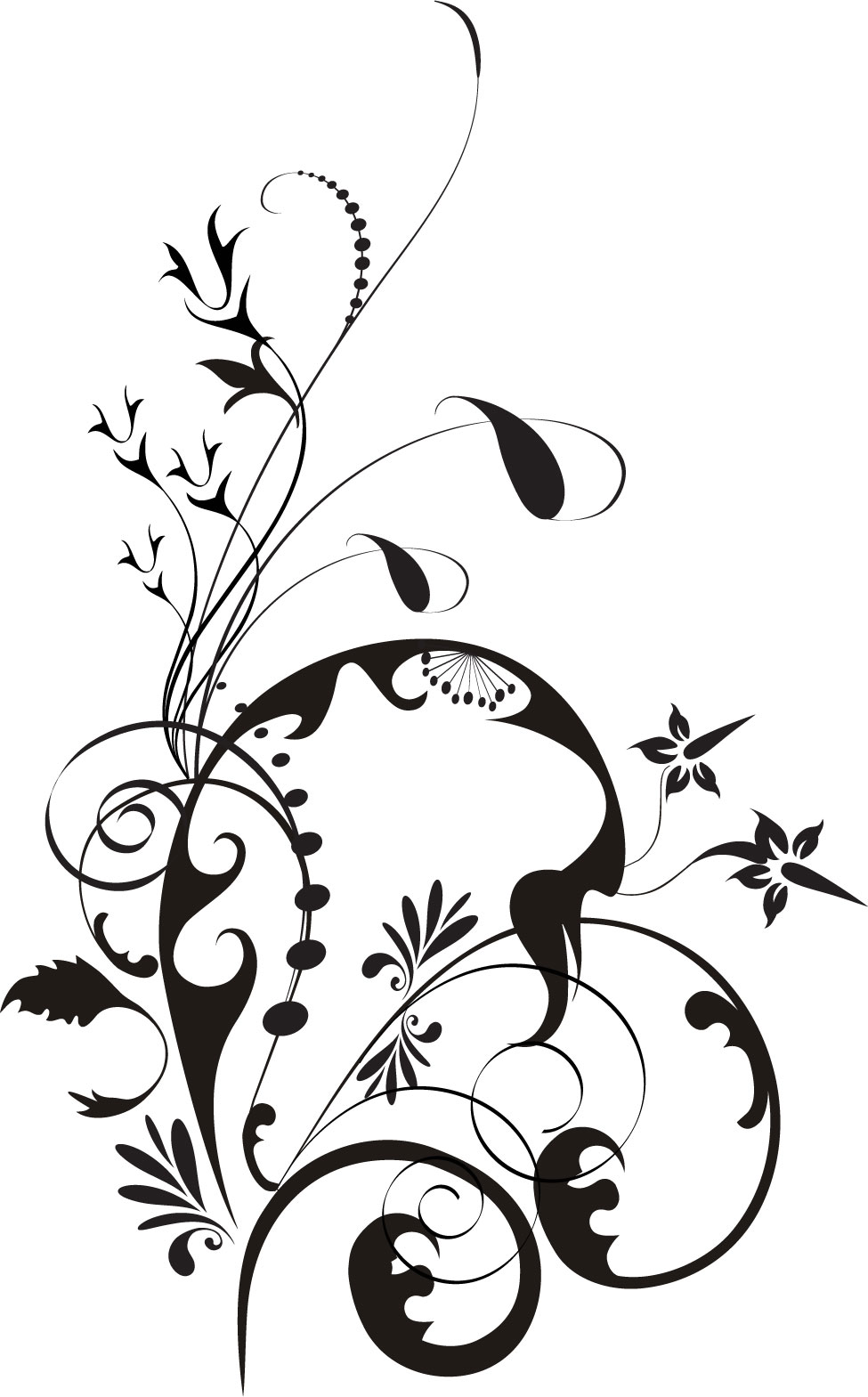 葉っぱの見本画像-白黒・茎葉・曲線