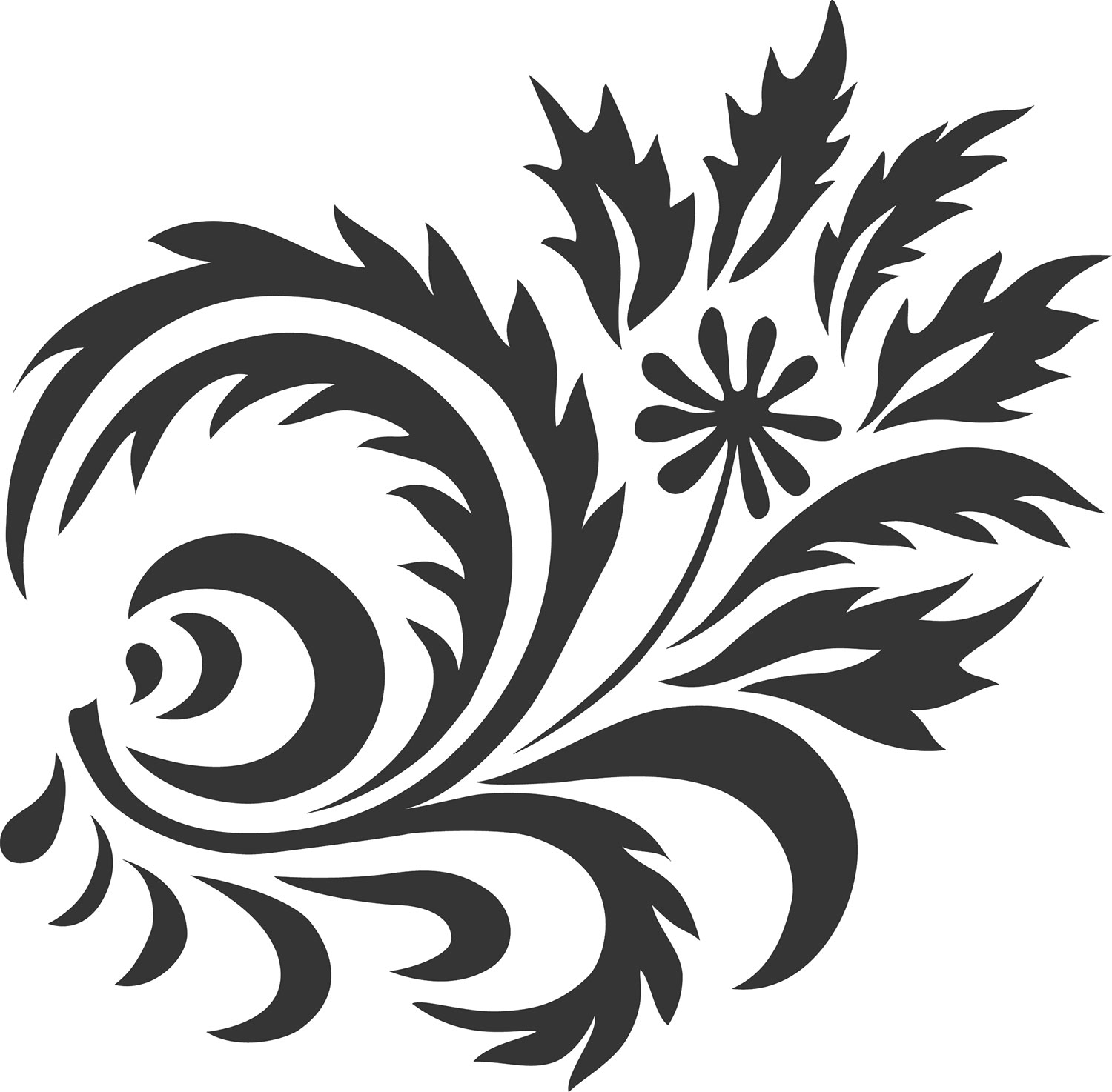 葉っぱの見本画像-白黒・茎葉・曲線